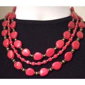 SAQ Necklace Red Three Strands Plastic Beads Light Bronze Chain And Spacers